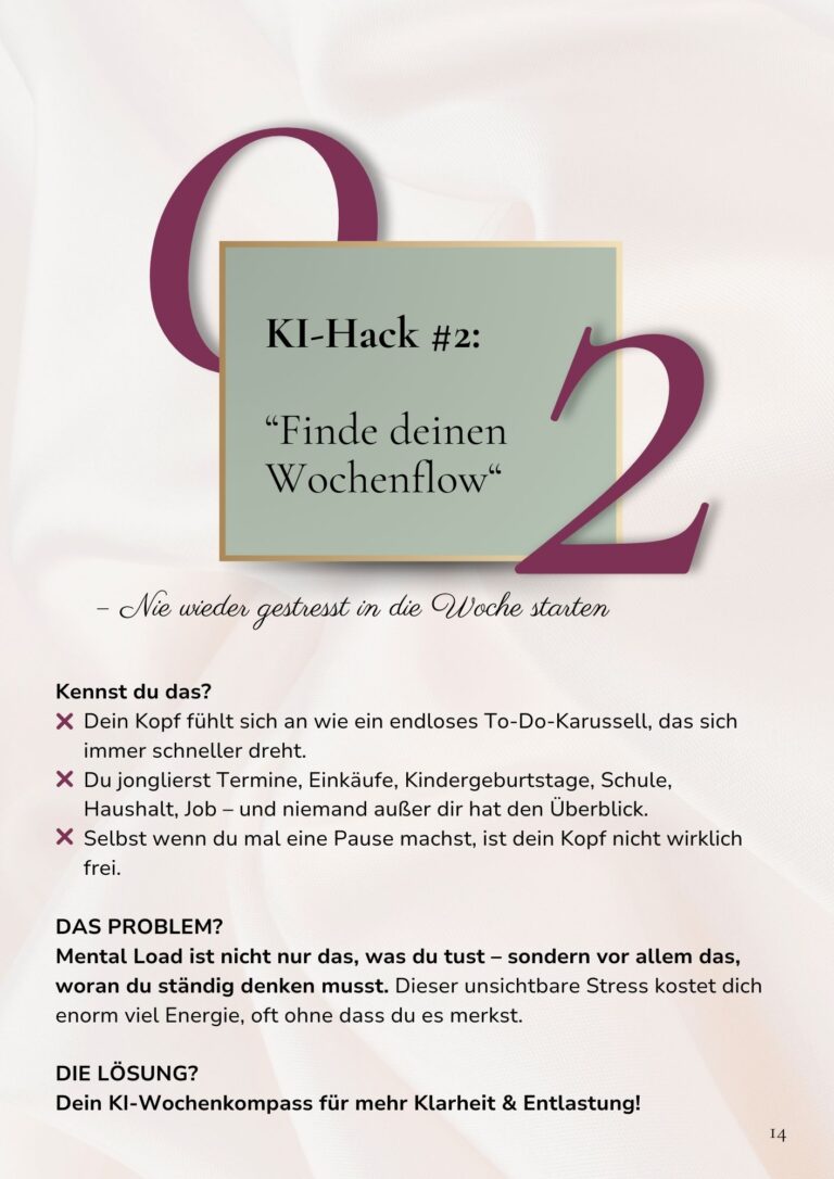 Grafik mit KI-Hack #2 ‚Finde deinen Wochenflow‘ – ChatGPT hilft Müttern, ihre Woche zu strukturieren und den Mental Load zu reduzieren.