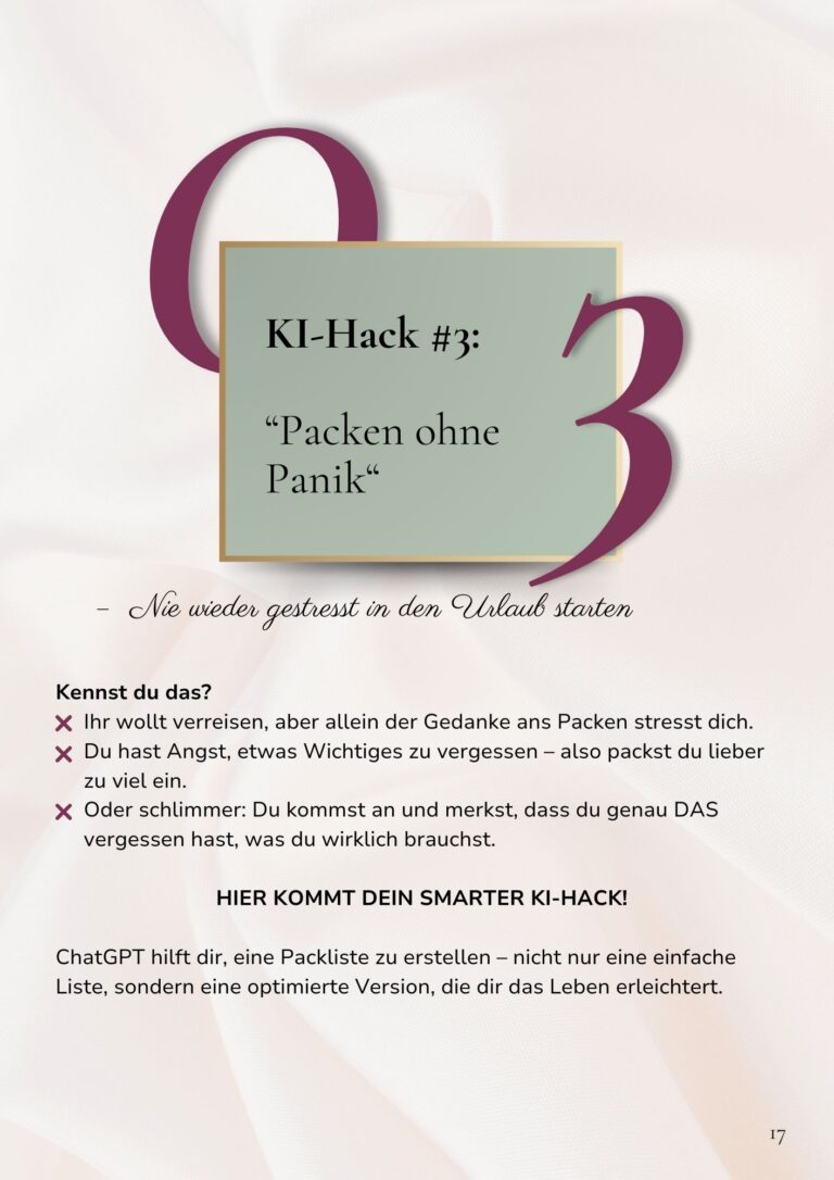 Grafik mit KI-Hack #3 ‚Packen ohne Panik‘ – ChatGPT erstellt smarte Packlisten, damit beim Familienurlaub nichts vergessen wird.