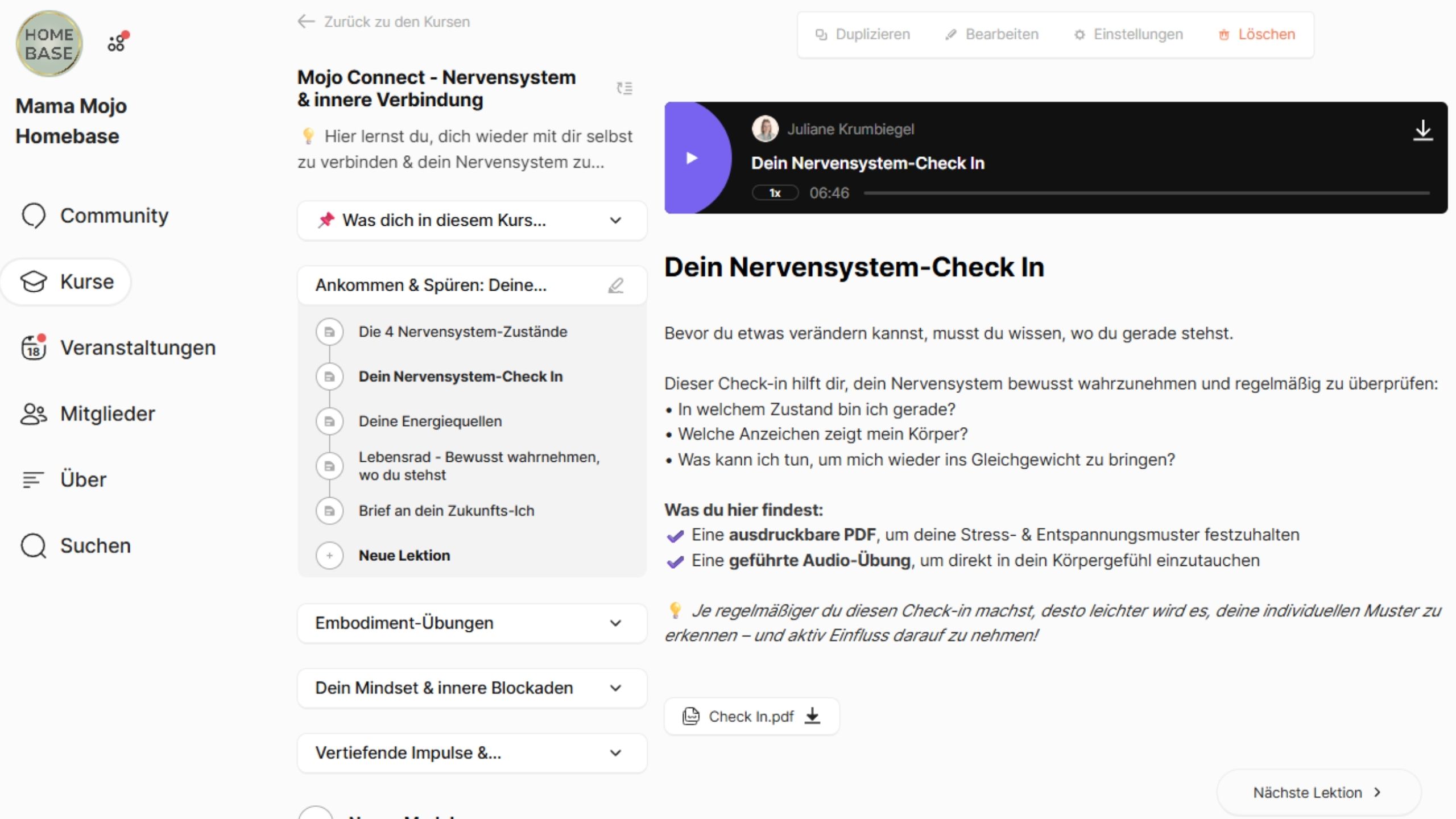 Screenshot des Kursbereichs ‚Mojo Connect – Nervensystem & innere Verbindung‘ mit Audioübungen und Reflexionsaufgaben.