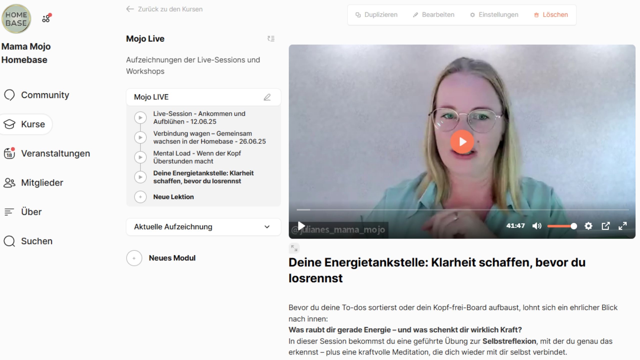 Screenshot einer Live-Session in der Mama Mojo Homebase mit Juliane Krumbiegel zum Thema ‚Energietankstelle – Klarheit schaffen, bevor du losrennst‘.