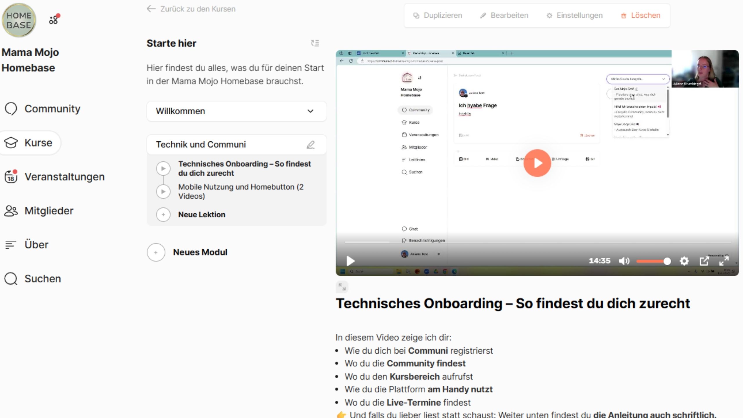 Screenshot des technischen Onboardings in der Mama Mojo Homebase mit Videoanleitung von Juliane Krumbiegel.